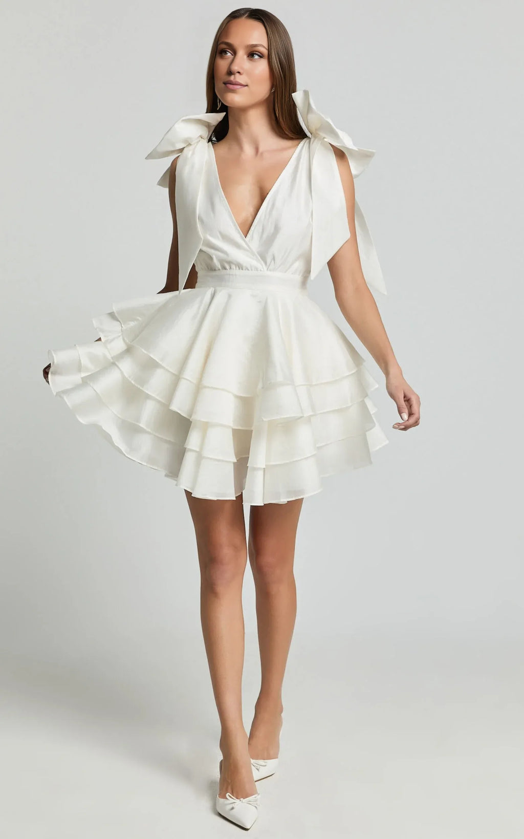 White Dress Elegant Shoulder Tie Plunge Ruffle Mini Dress A-Line Sleeveless Backless Homecoming Dress