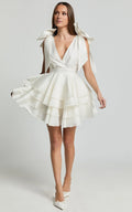 White Dress Elegant Shoulder Tie Plunge Ruffle Mini Dress A-Line Sleeveless Backless Homecoming Dress