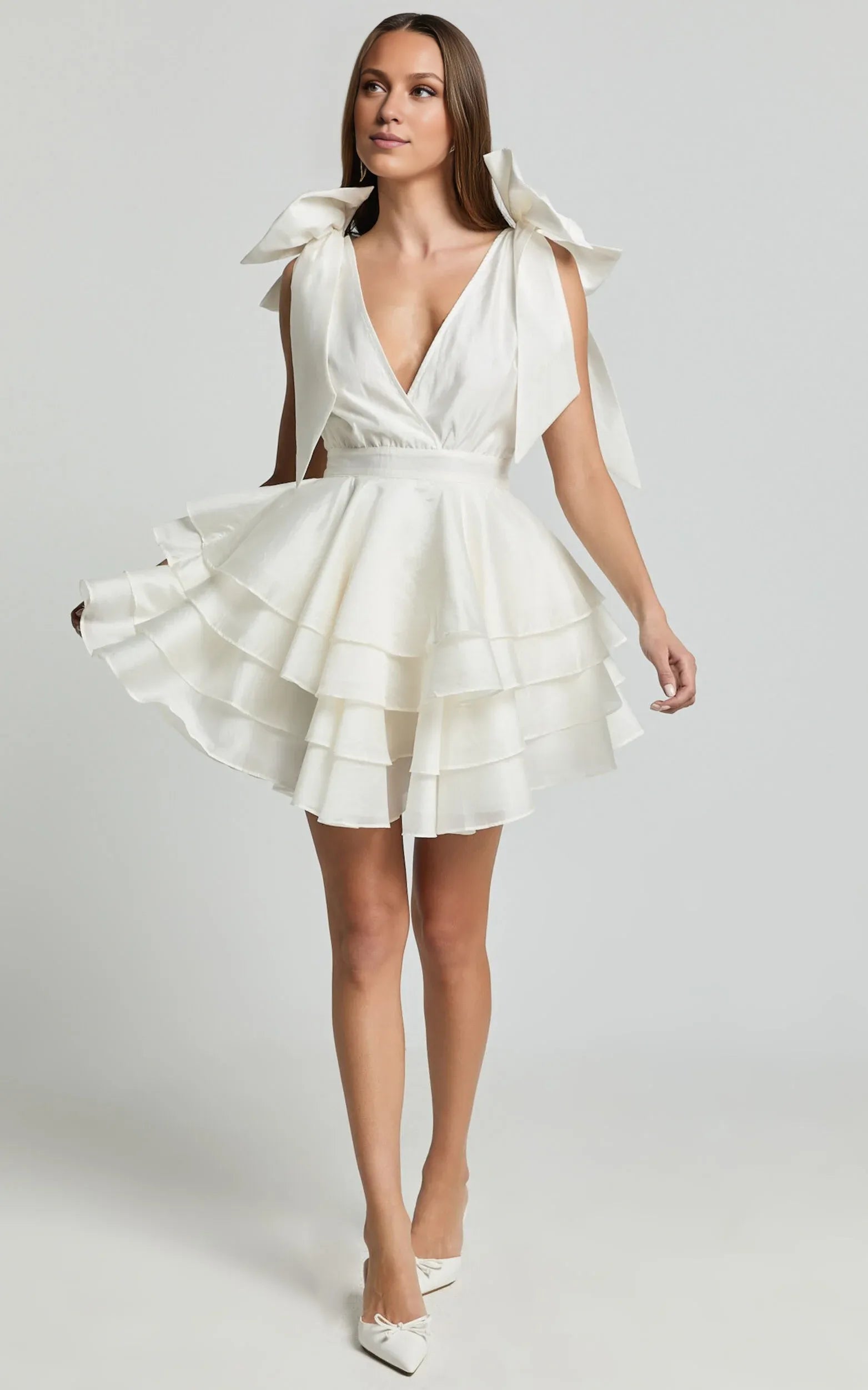 White Dress Elegant Shoulder Tie Plunge Ruffle Mini Dress A-Line Sleeveless Backless Homecoming Dress