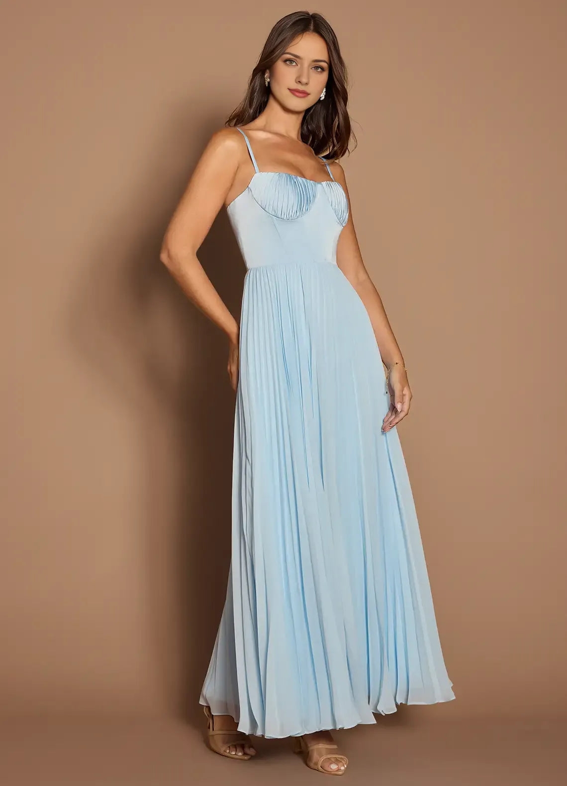 Sky Blue Dress Elegant Spaghetti Straps Sleeveless Backless Pleated Sky Evening Dress Prom Dress