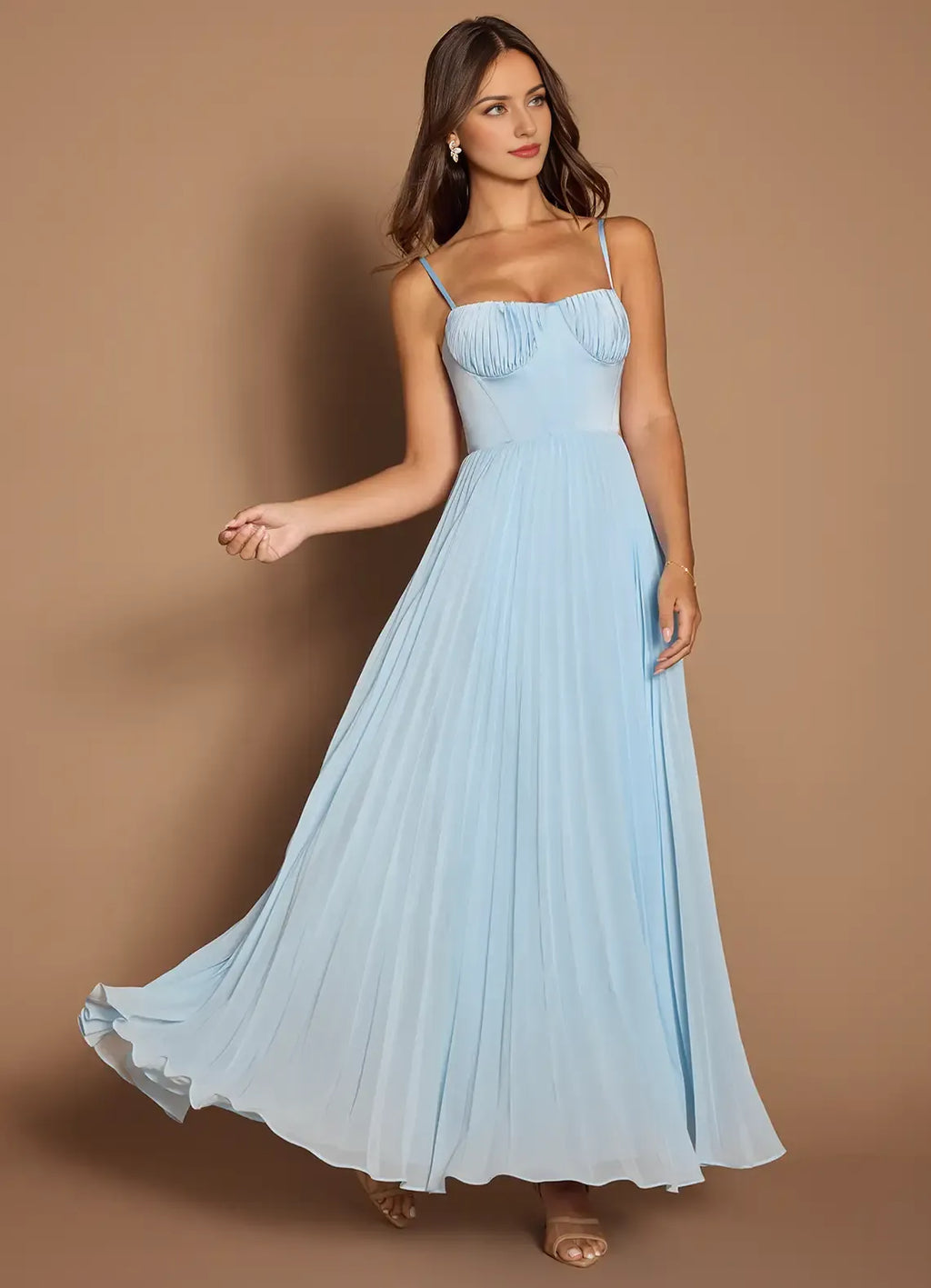 Sky Blue Dress Elegant Spaghetti Straps Sleeveless Backless Pleated Sky Evening Dress Prom Dress