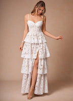 Dress Elegant Spaghetti Straps Sleeveless Romantic Appliques Evening Dress Floor Length Slit Prom Dress