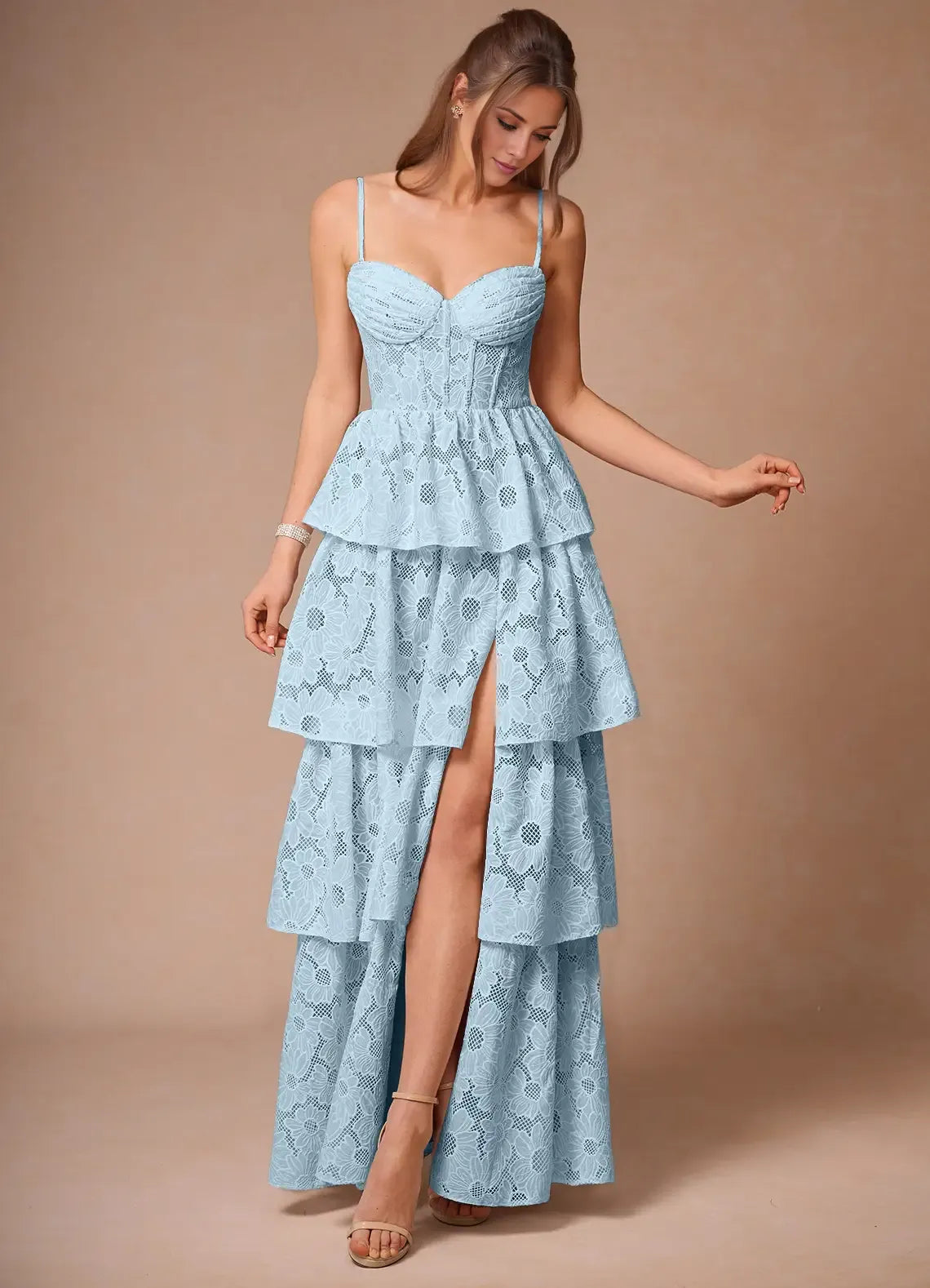 Dress Elegant Spaghetti Straps Sleeveless Romantic Appliques Evening Dress Floor Length Slit Prom Dress