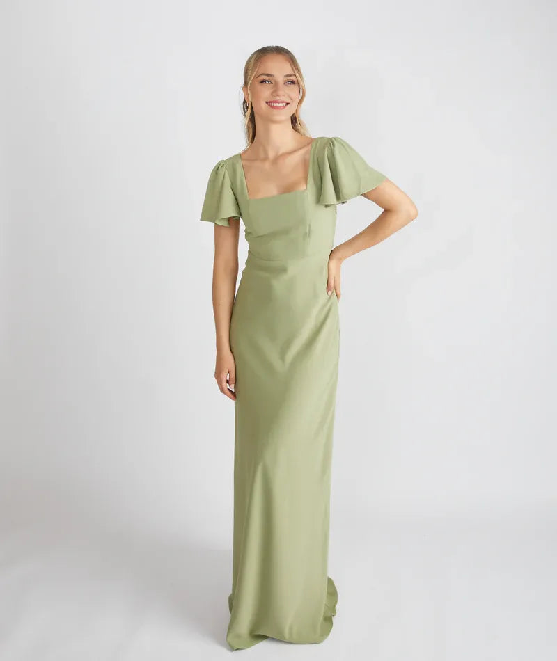 Dress Elegant Square Neck Bridesmaid Dress Maxi Dress Solid Color Sage Flutter Sleeve Prom Dress