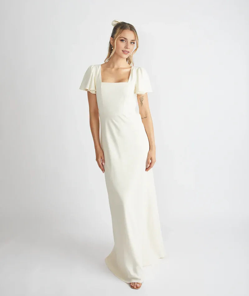 Dress Elegant Square Neck Bridesmaid Dress Maxi Dress Solid Color Sage Flutter Sleeve Prom Dress