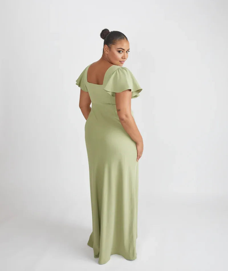 Dress Elegant Square Neck Bridesmaid Dress Maxi Dress Solid Color Sage Flutter Sleeve Prom Dress