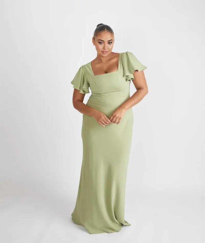 Dress Elegant Square Neck Bridesmaid Dress Maxi Dress Solid Color Sage Flutter Sleeve Prom Dress