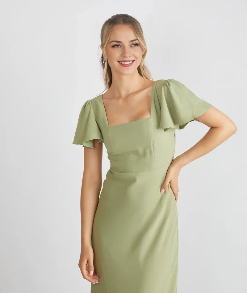 Dress Elegant Square Neck Bridesmaid Dress Maxi Dress Solid Color Sage Flutter Sleeve Prom Dress