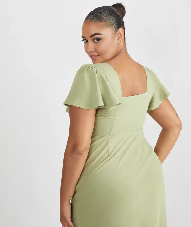 Dress Elegant Square Neck Bridesmaid Dress Maxi Dress Solid Color Sage Flutter Sleeve Prom Dress