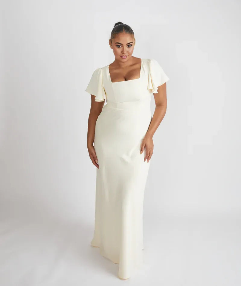 Dress Elegant Square Neck Bridesmaid Dress Maxi Dress Solid Color Sage Flutter Sleeve Prom Dress