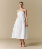 Dress Elegant Strapless Bow Back Pleated Midi Dress A-Line Solid Color Sleeveless Wedding Dress