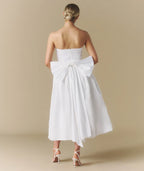 Dress Elegant Strapless Bow Back Pleated Midi Dress A-Line Solid Color Sleeveless Wedding Dress