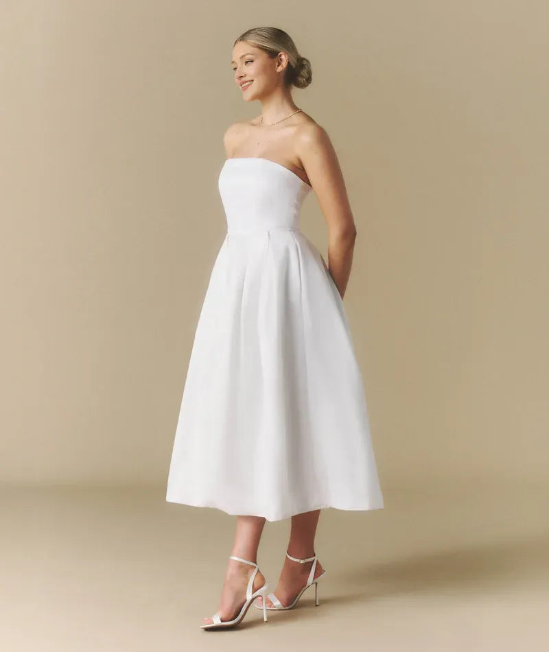 Dress Elegant Strapless Bow Back Pleated Midi Dress A-Line Solid Color Sleeveless Wedding Dress