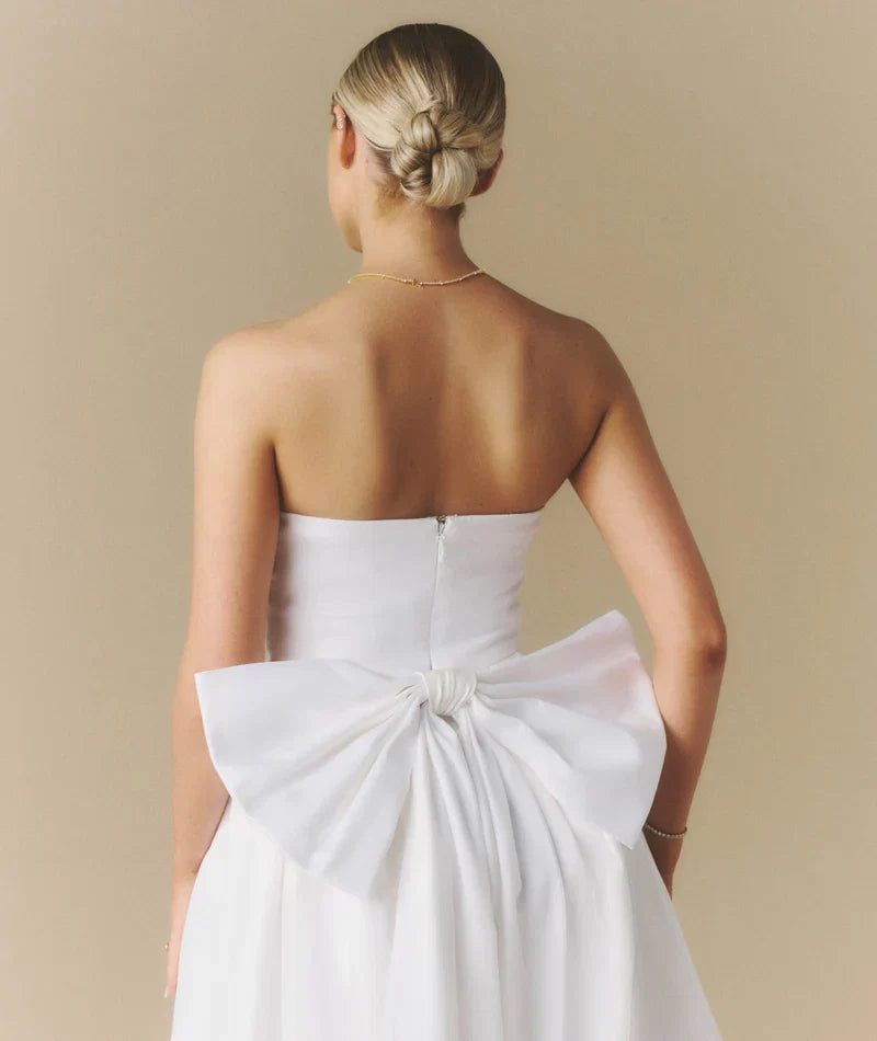 Dress Elegant Strapless Bow Back Pleated Midi Dress A-Line Solid Color Sleeveless Wedding Dress