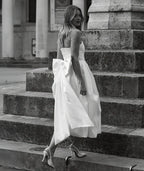 Dress Elegant Strapless Bow Back Pleated Midi Dress A-Line Solid Color Sleeveless Wedding Dress