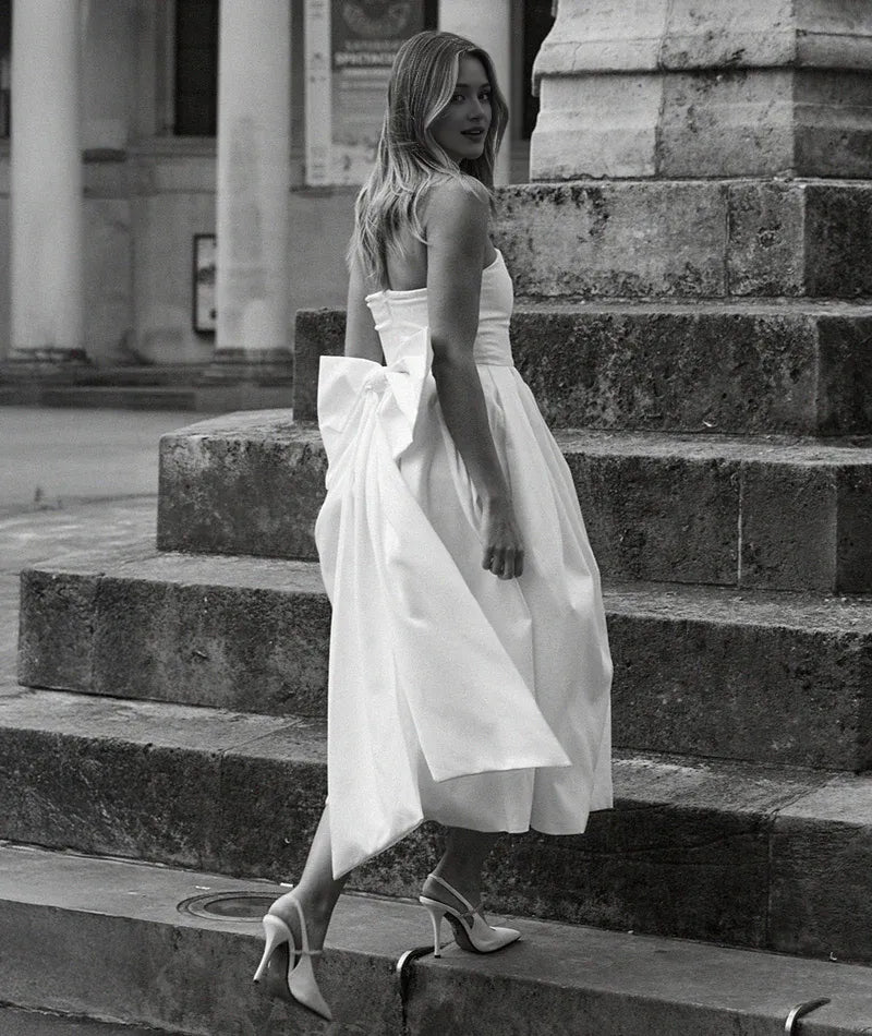 Dress Elegant Strapless Bow Back Pleated Midi Dress A-Line Solid Color Sleeveless Wedding Dress