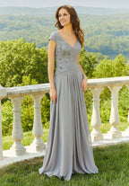 Dress Elegant V Neck Cap Sleeve Prom Dress A-Line Ruched Mother Of The Bride With Appliques