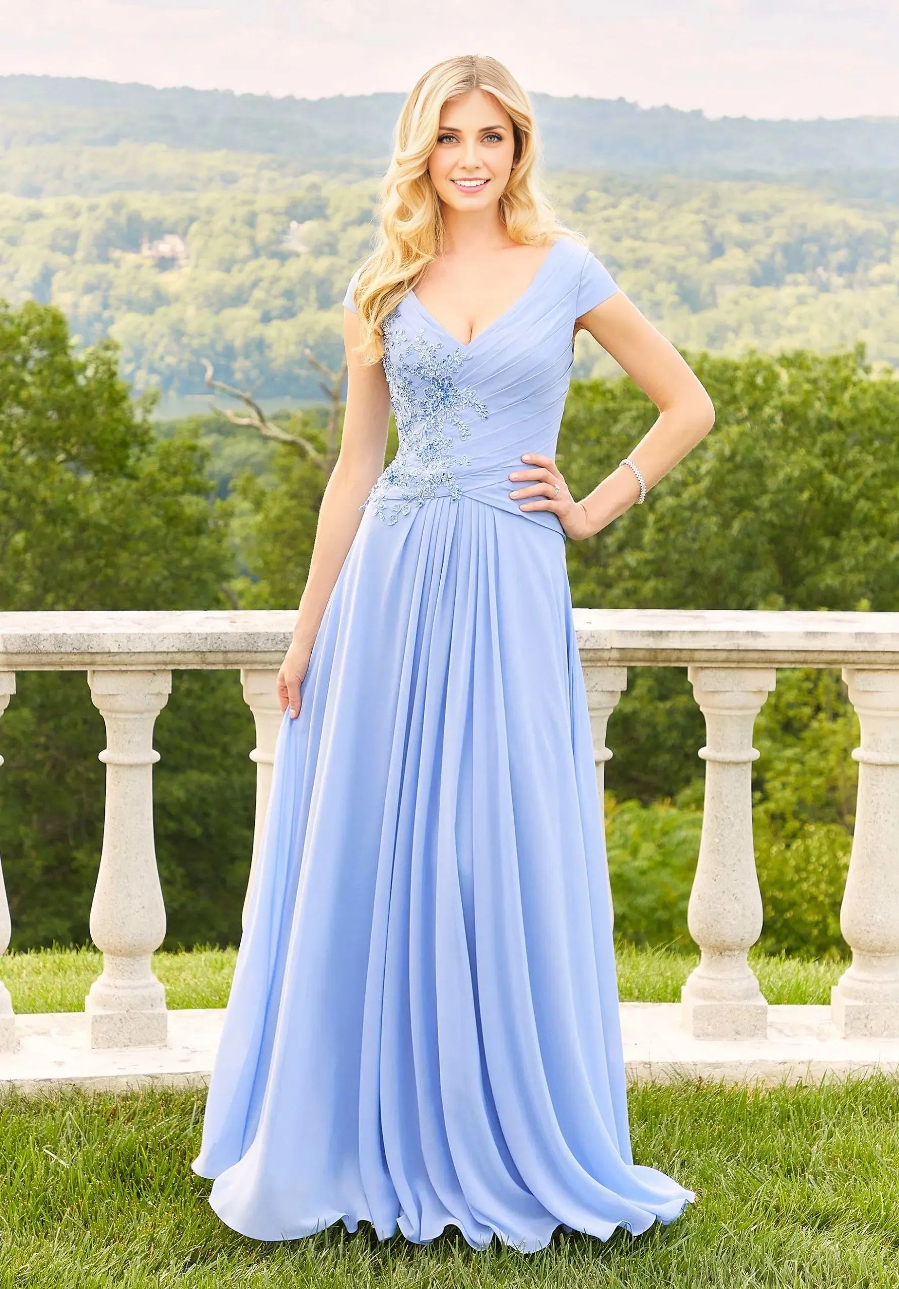 Dress Elegant V Neck Cap Sleeve Prom Dress A-Line Ruched Mother Of The Bride With Appliques