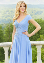 Dress Elegant V Neck Cap Sleeve Prom Dress A-Line Ruched Mother Of The Bride With Appliques
