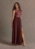 Black Dress Elegant Boat Neck Appliques Maxi Dress Sleeveless Slit A-Line V Back Prom Dress