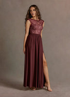 Black Dress Elegant Boat Neck Appliques Maxi Dress Sleeveless Slit A-Line V Back Prom Dress