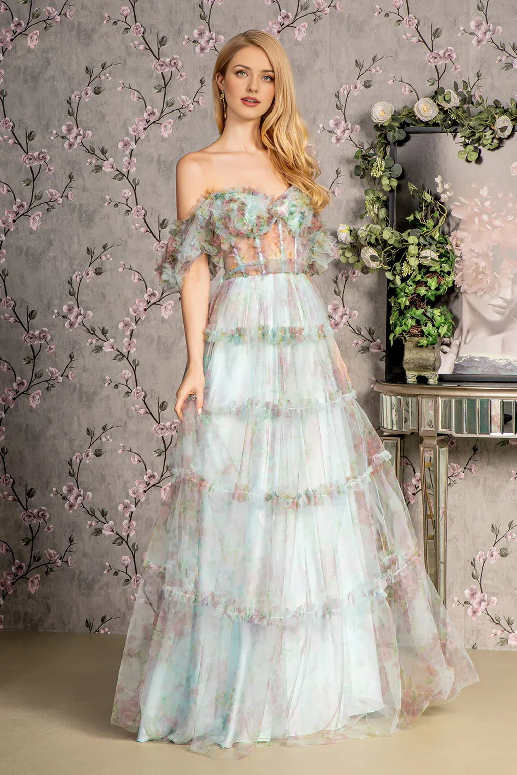 Dress Fashion A-Line Off the Shoulder Puff Sleeve Formal Dress Full Length Backless Prom Dress