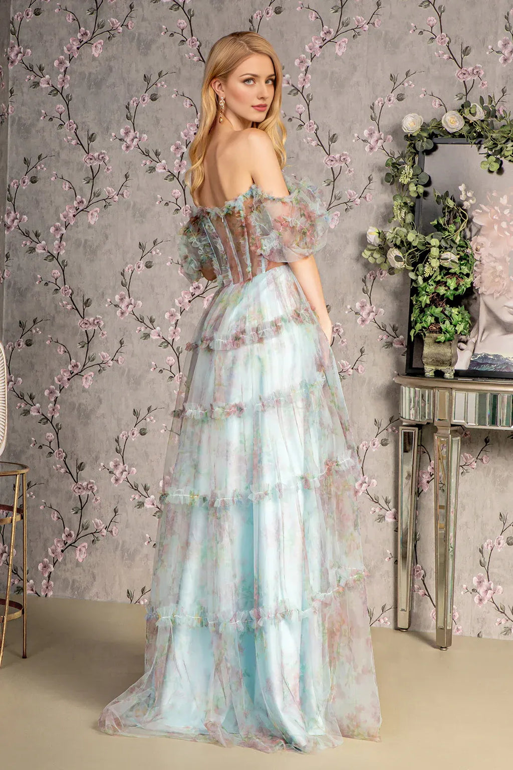 Dress Fashion A-Line Off the Shoulder Puff Sleeve Formal Dress Full Length Backless Prom Dress
