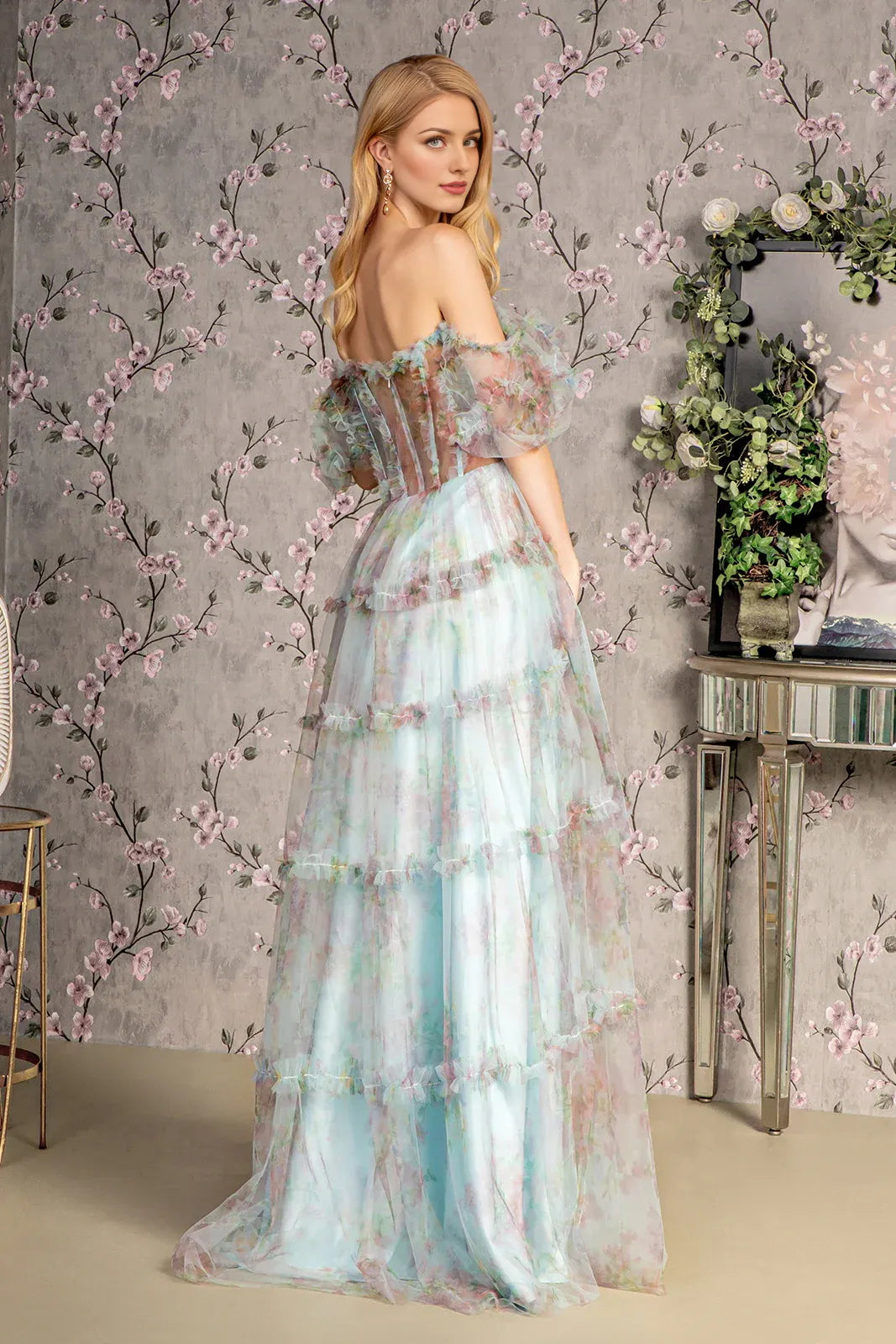 Dress Fashion A-Line Off the Shoulder Puff Sleeve Formal Dress Full Length Backless Prom Dress