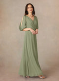 Dress Fashion A-Line V-Neck Ruched Dress Floor-Length Dress Puff Sleeve V Back Mother of the Bride Dress