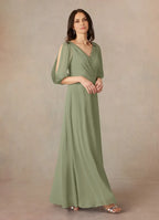 Dress Fashion A-Line V-Neck Ruched Dress Floor-Length Dress Puff Sleeve V Back Mother of the Bride Dress
