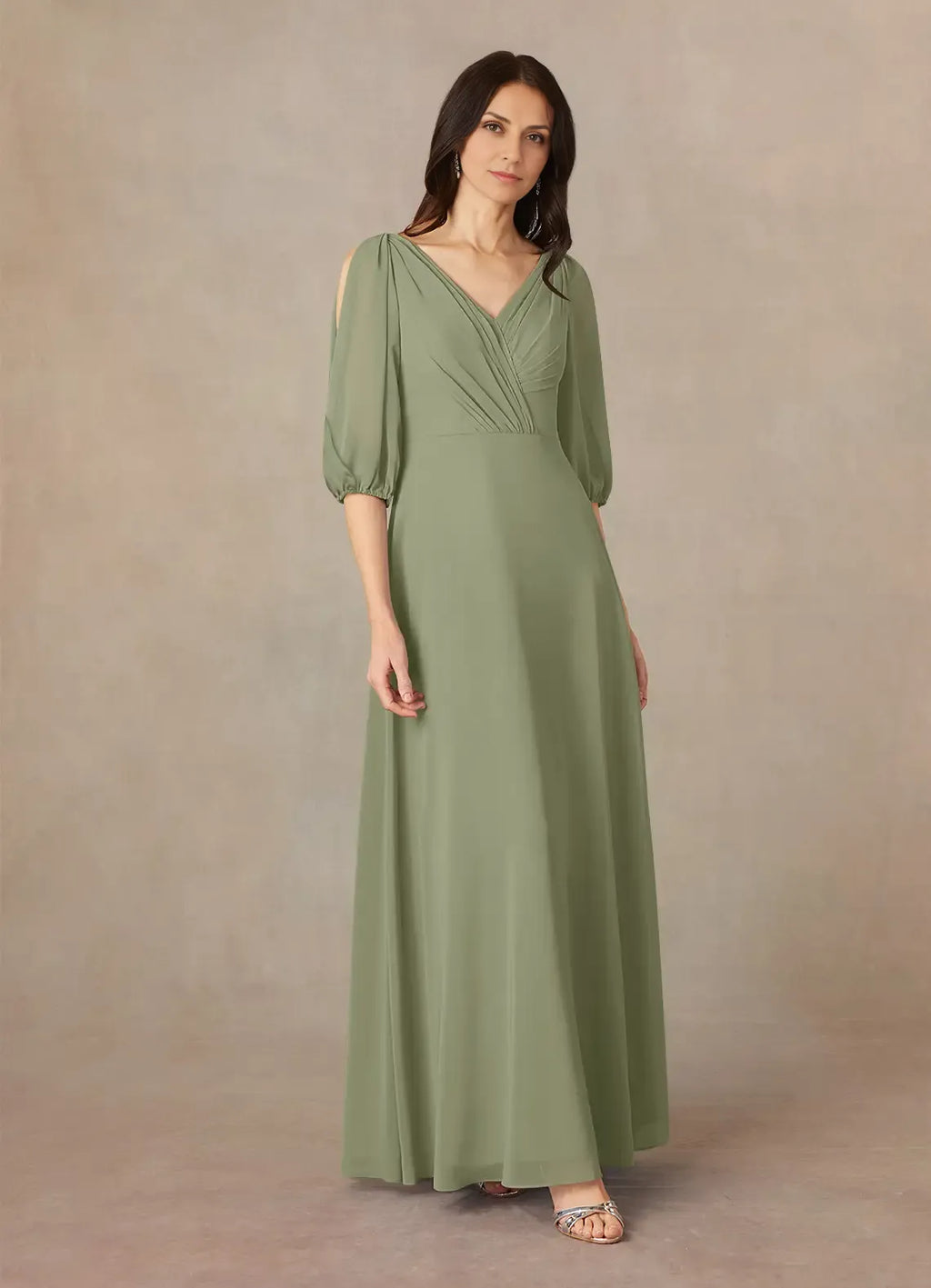 Dress Fashion A-Line V-Neck Ruched Dress Floor-Length Dress Puff Sleeve V Back Mother of the Bride Dress