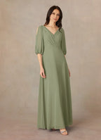 Dress Fashion A-Line V-Neck Ruched Dress Floor-Length Dress Puff Sleeve V Back Mother of the Bride Dress
