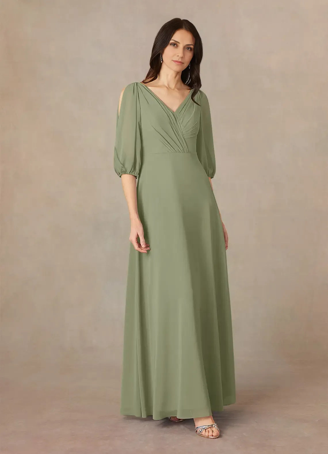 Dress Fashion A-Line V-Neck Ruched Dress Floor-Length Dress Puff Sleeve V Back Mother of the Bride Dress
