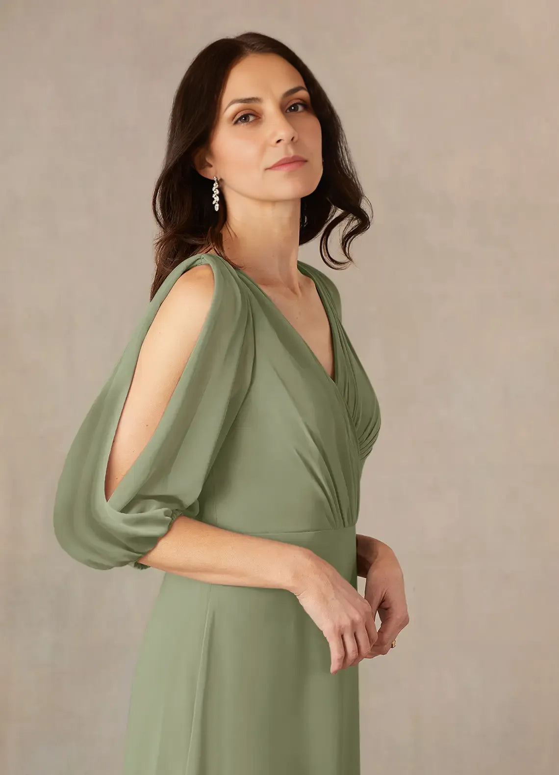 Dress Fashion A-Line V-Neck Ruched Dress Floor-Length Dress Puff Sleeve V Back Mother of the Bride Dress