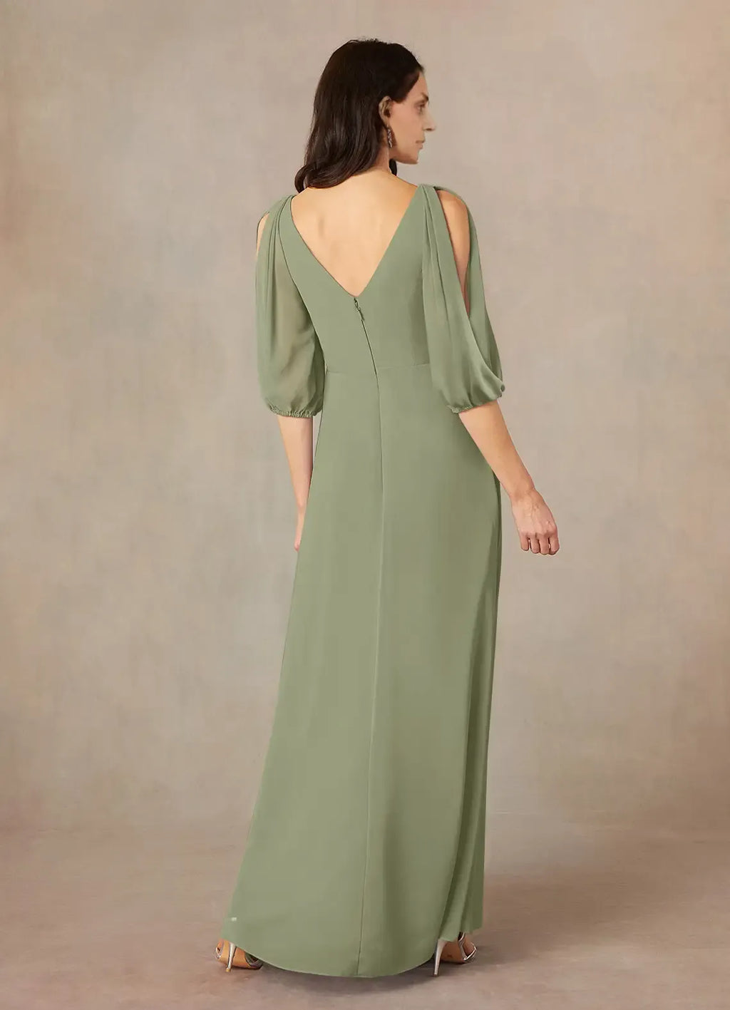 Dress Fashion A-Line V-Neck Ruched Dress Floor-Length Dress Puff Sleeve V Back Mother of the Bride Dress