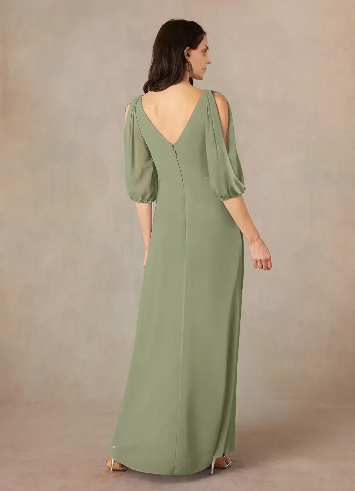 Dress Fashion A-Line V-Neck Ruched Dress Floor-Length Dress Puff Sleeve V Back Mother of the Bride Dress