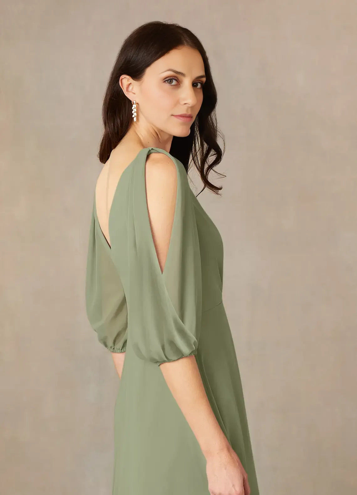 Dress Fashion A-Line V-Neck Ruched Dress Floor-Length Dress Puff Sleeve V Back Mother of the Bride Dress