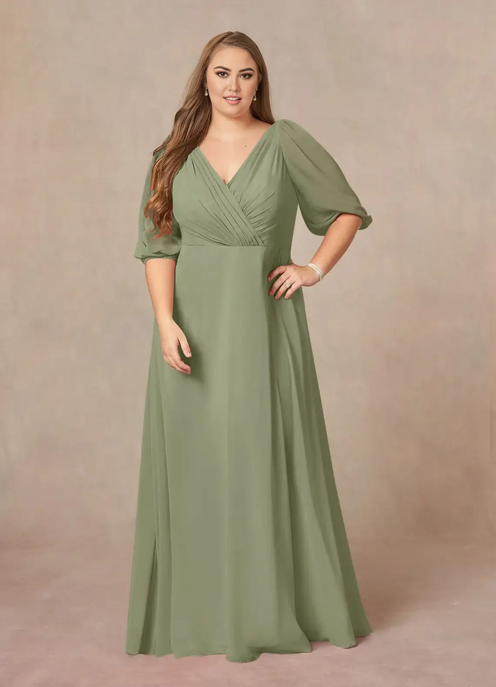 Dress Fashion A-Line V-Neck Ruched Dress Floor-Length Plus Size Mother Of The Bride Dress Puff Sleeve V Back Mother of the Bride Dress