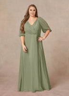 Dress Fashion A-Line V-Neck Ruched Dress Floor-Length Plus Size Mother Of The Bride Dress Puff Sleeve V Back Mother of the Bride Dress