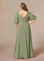 Dress Fashion A-Line V-Neck Ruched Dress Floor-Length Plus Size Mother Of The Bride Dress Puff Sleeve V Back Mother of the Bride Dress