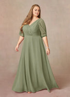 Dress Fashion A-Line V-Neck Ruched Dress Floor-Length Plus Size Mother Of The Bride Dress Puff Sleeve V Back Mother of the Bride Dress