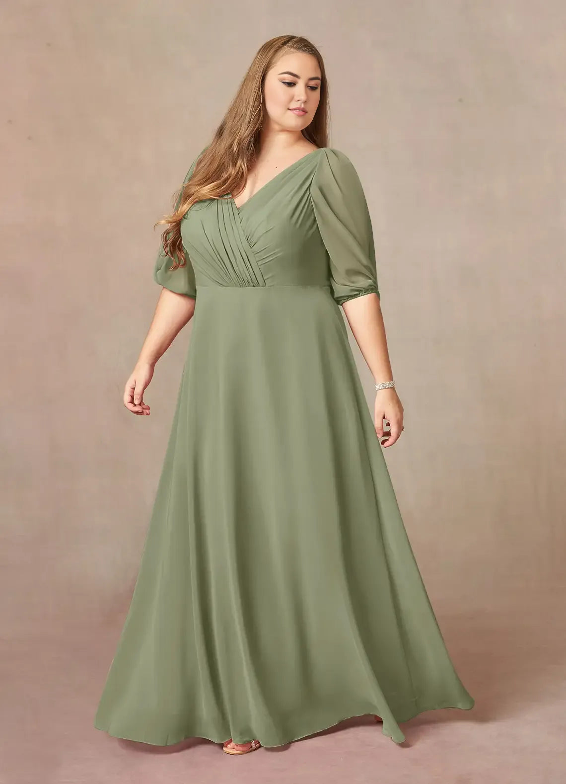 Dress Fashion A-Line V-Neck Ruched Dress Floor-Length Plus Size Mother Of The Bride Dress Puff Sleeve V Back Mother of the Bride Dress