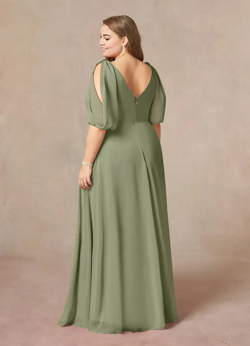 Dress Fashion A-Line V-Neck Ruched Dress Floor-Length Plus Size Mother Of The Bride Dress Puff Sleeve V Back Mother of the Bride Dress