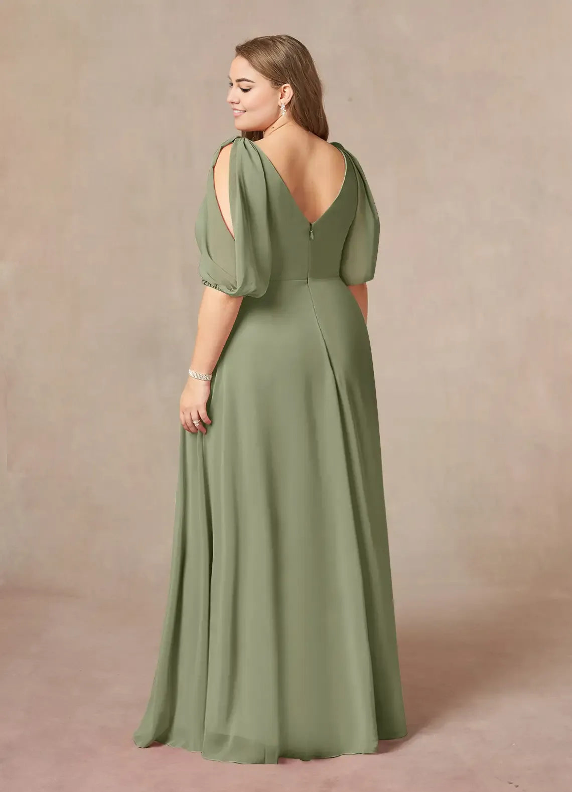 Dress Fashion A-Line V-Neck Ruched Dress Floor-Length Plus Size Mother Of The Bride Dress Puff Sleeve V Back Mother of the Bride Dress
