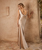 Dress Fashion Cowl Back Bridesmaid Dress Maxi Dress Solid Color Champagne Boat Neck Sleeveless Prom Dress
