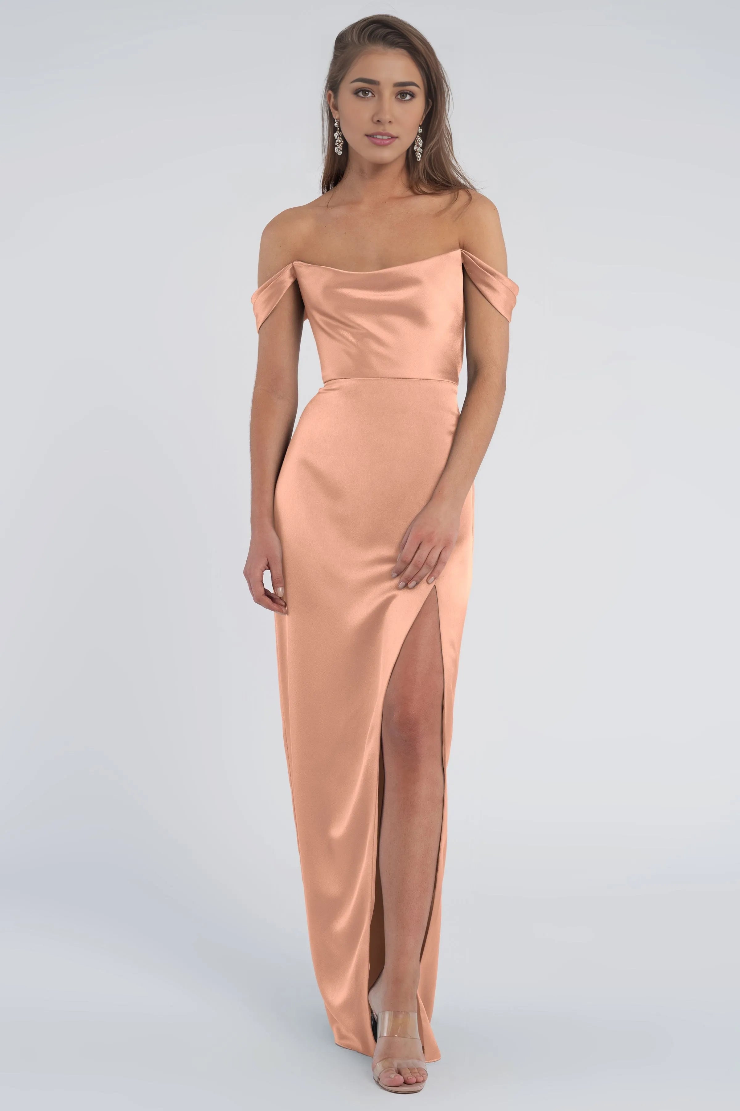 Dress Fashion Cowl Neck Off The Shoulder Sleeve Open Back Evening Dress Bridesmaid Dress Floor-Length Sheath Slit Prom Dress