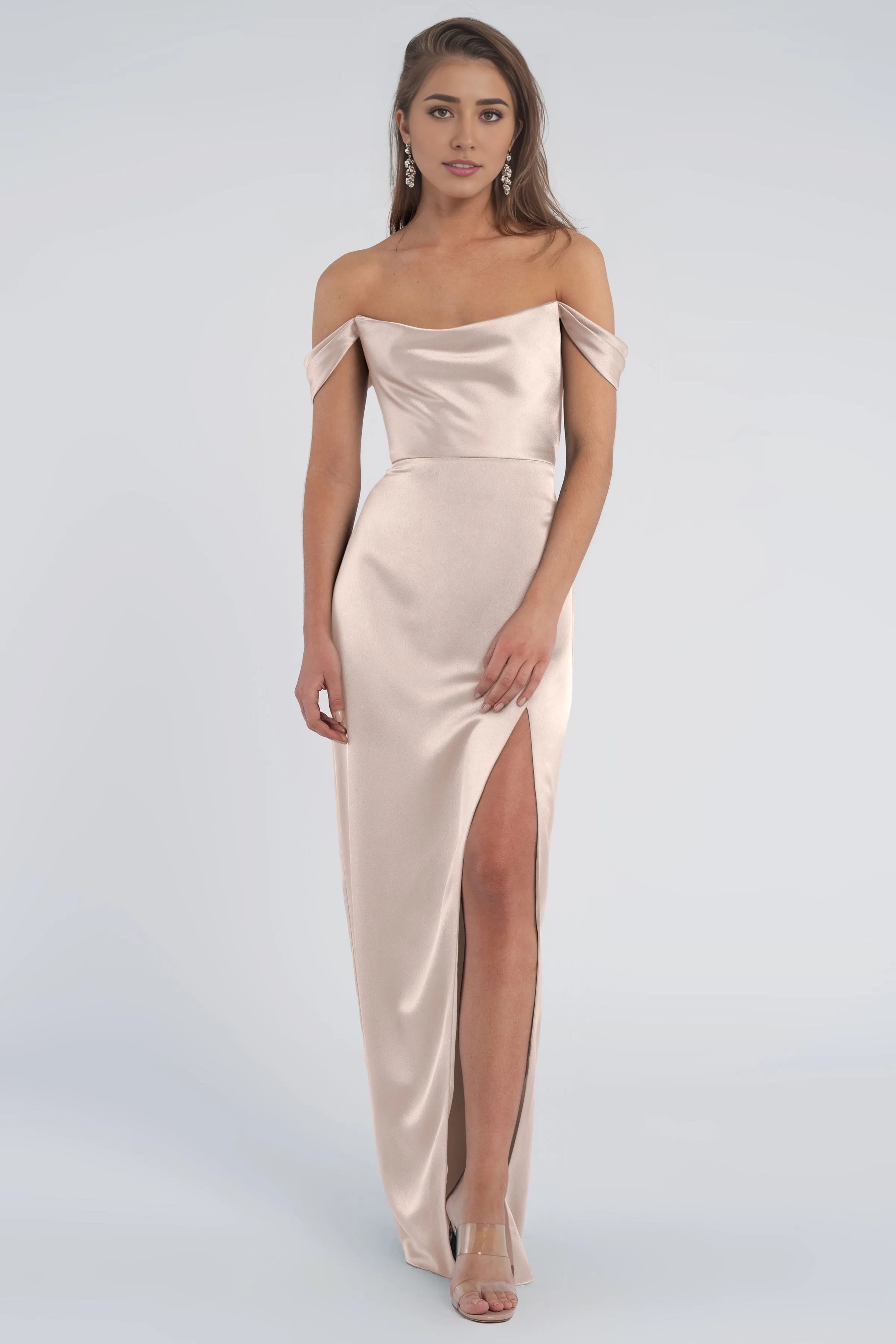 Dress Fashion Cowl Neck Off The Shoulder Sleeve Open Back Evening Dress Bridesmaid Dress Floor-Length Sheath Slit Prom Dress