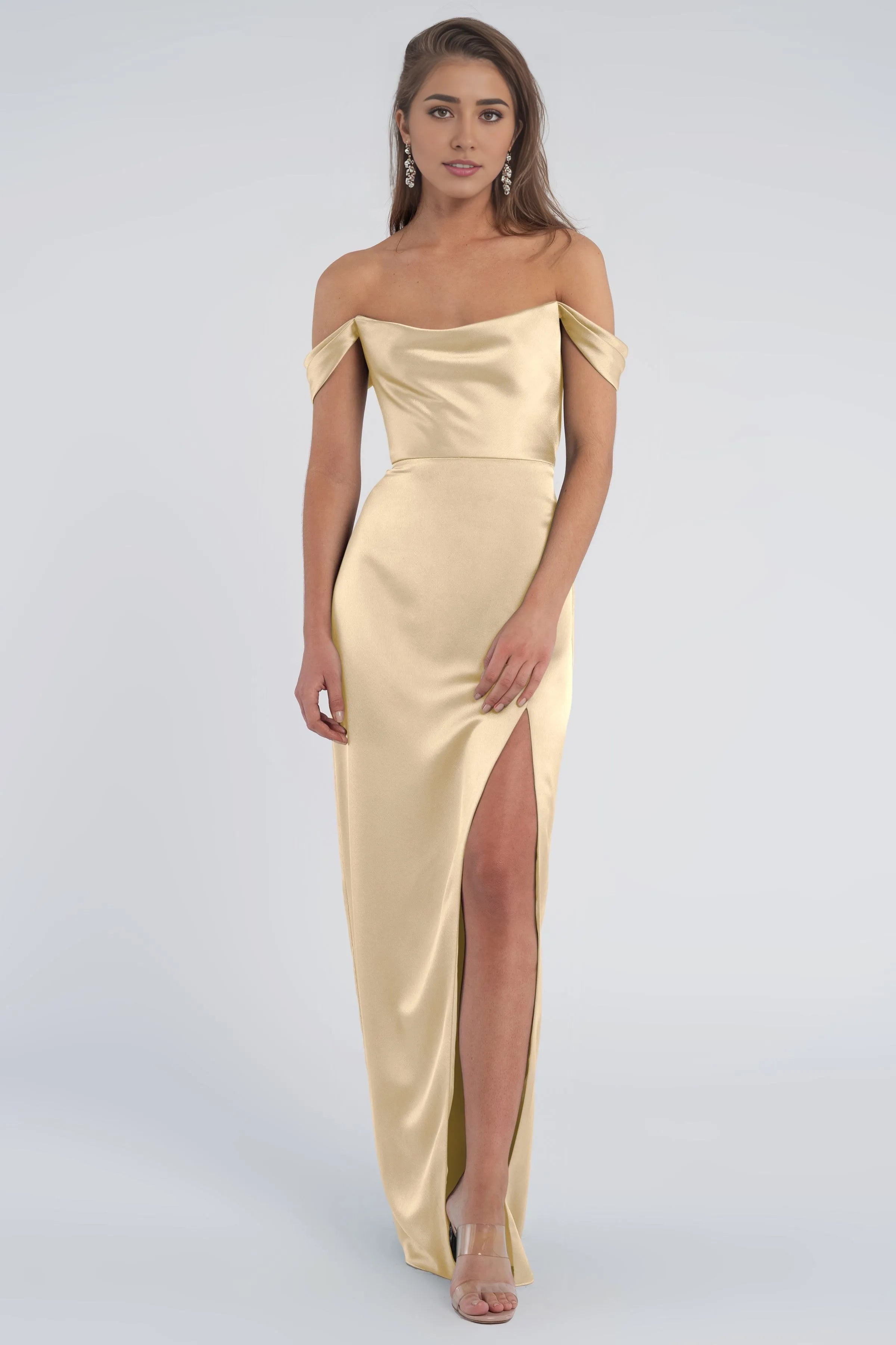 Dress Fashion Cowl Neck Off The Shoulder Sleeve Open Back Evening Dress Bridesmaid Dress Floor-Length Sheath Slit Prom Dress