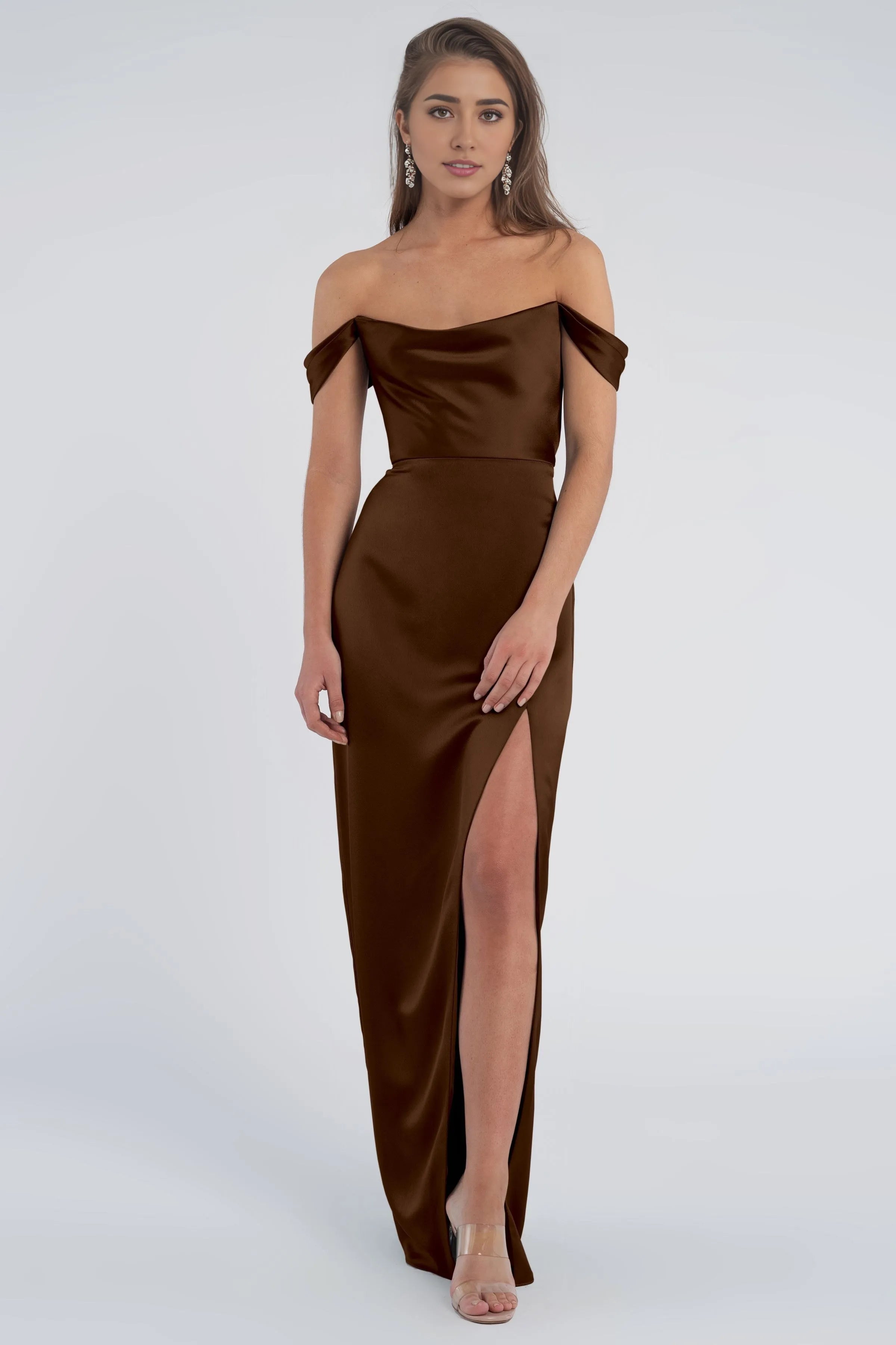 Dress Fashion Cowl Neck Off The Shoulder Sleeve Open Back Evening Dress Bridesmaid Dress Floor-Length Sheath Slit Prom Dress