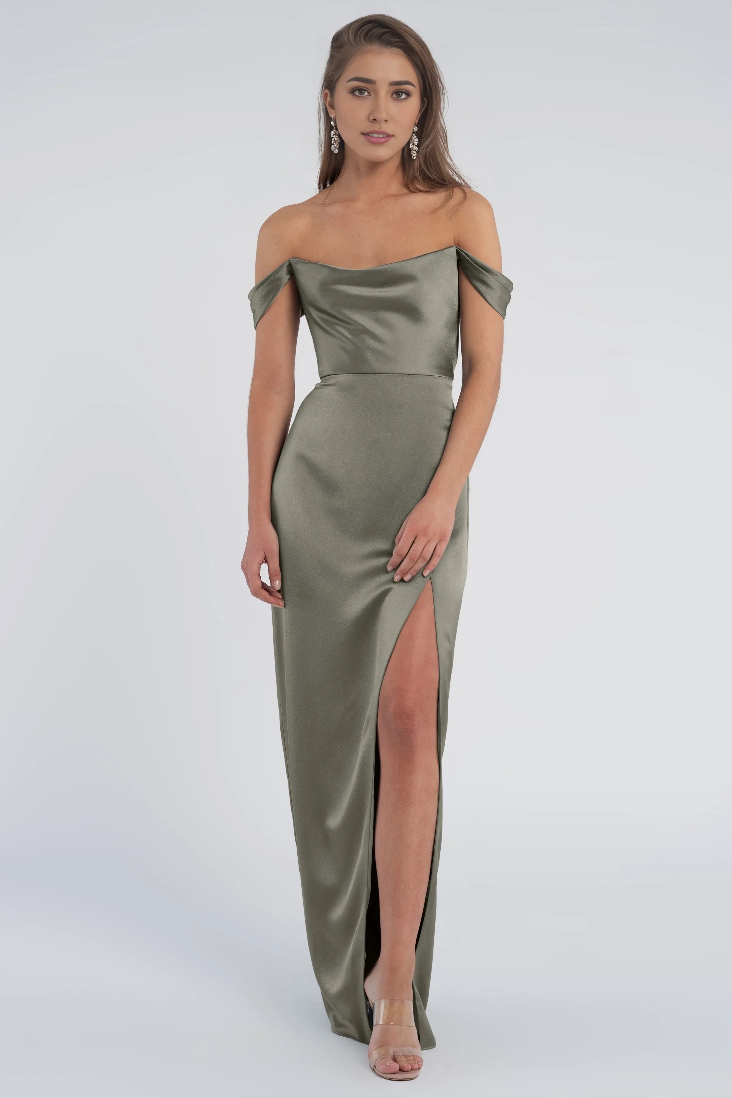 Dress Fashion Cowl Neck Off The Shoulder Sleeve Open Back Evening Dress Bridesmaid Dress Floor-Length Sheath Slit Prom Dress